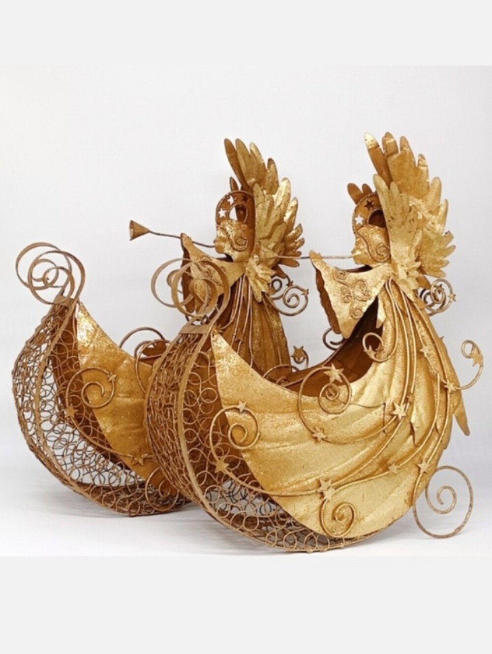 Set Of Two 13" Tall Vintage Pier1 Gold Glitter Angel Baskets Circa '97